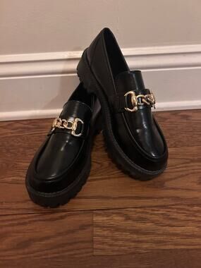 Chunky Platform Lug Sole Loafers Black Gold Chain Hardware Slip On Block Heel W7